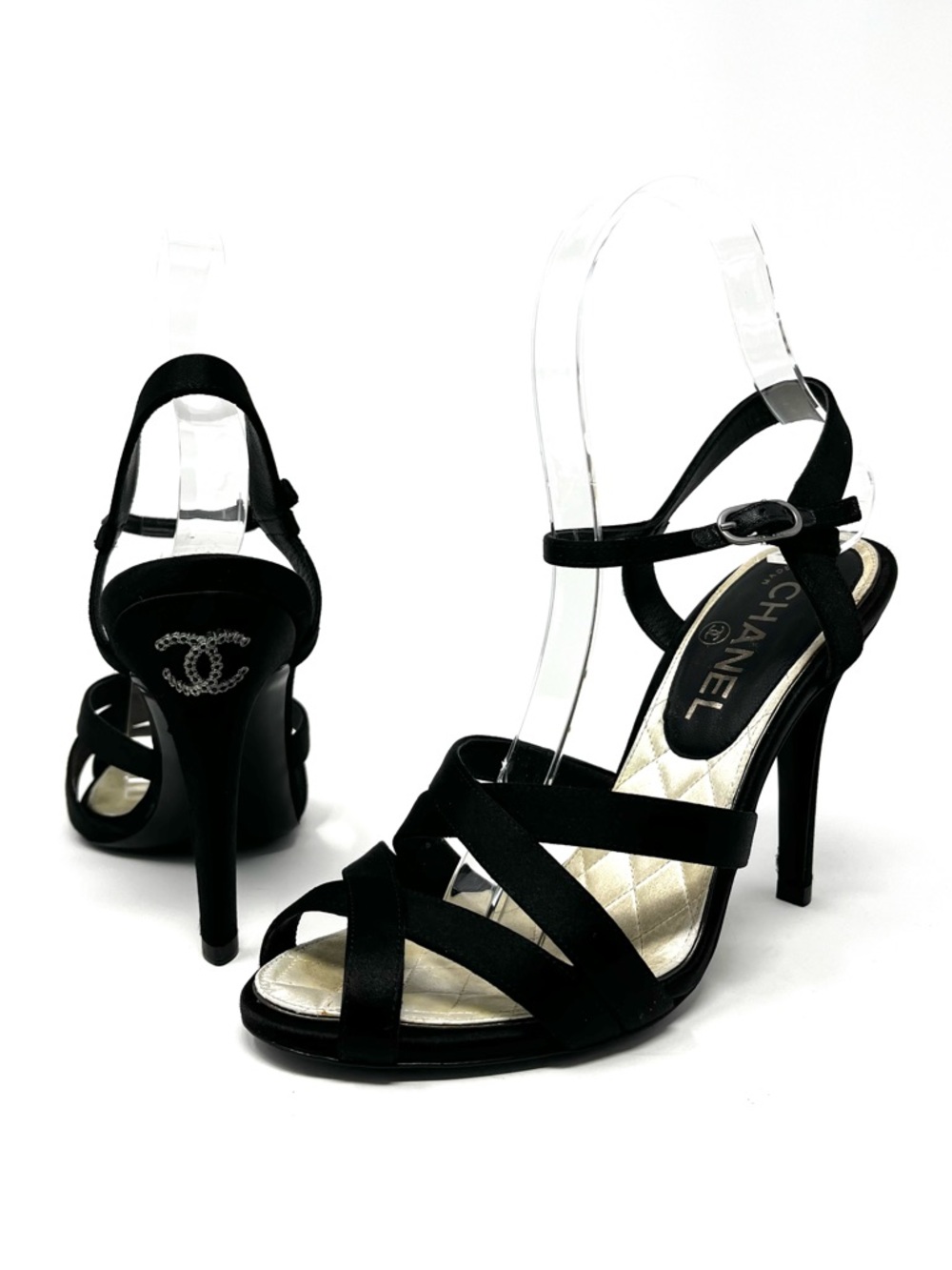 Chanel Strappy Black Satin Silver Crystal CC Logo High Heels Sandals Shoes 37 7 - Picture 11 of 11